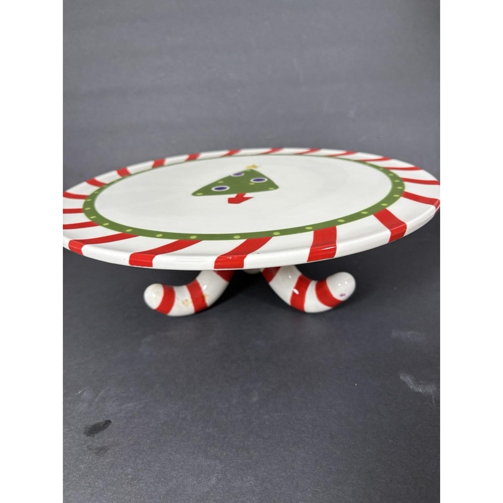 Vintage Pier 1 Candy Cane Christmas Cake Stand Pedestal Plate 12"